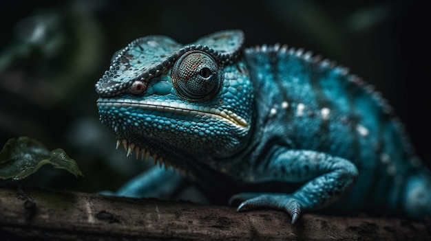 Un caméléon bleu est assis sur une branche.