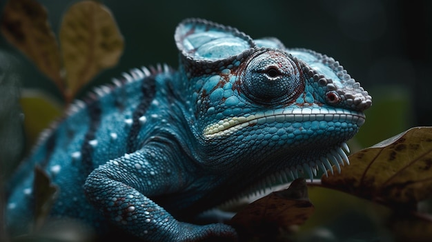 Un caméléon bleu est assis sur une branche.