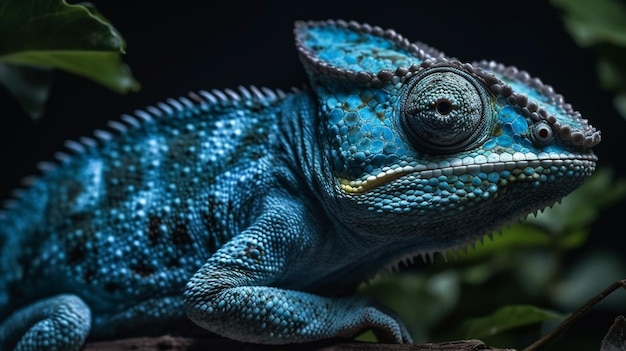 Photo un caméléon bleu avec une tête verte et des yeux bleus est assis sur un fond noir.