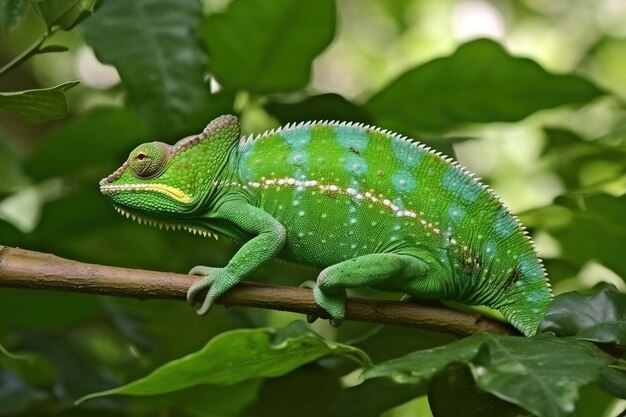 Un caméléon sur une branche avec un congé vert