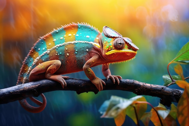 Caméléon coloré sur une branche dans la forêt tropicaleCaméléon coloré sur une branche sur fond de nature floue AI généré