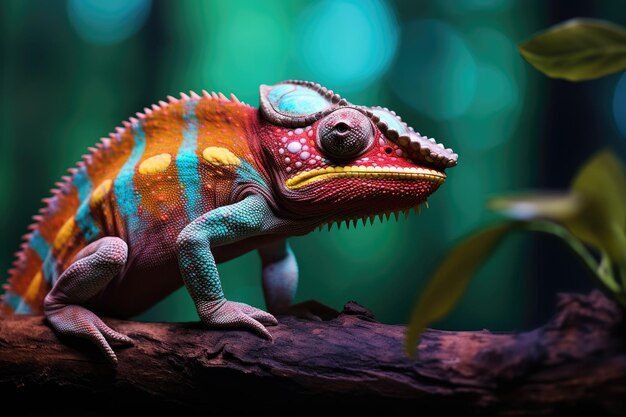 Un caméléon coloré sur une branche de la forêt Un gros plan d'un caméléon brillant sur la branche sur un fond sombre Ai généré