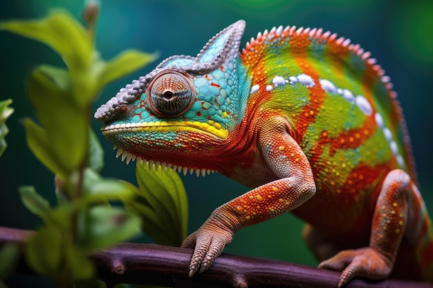 Caméléon coloré sur une branche Gros plan Gros plan d'un caméléon coloré sur des feuilles vertes Animal sauvage généré par l'IA