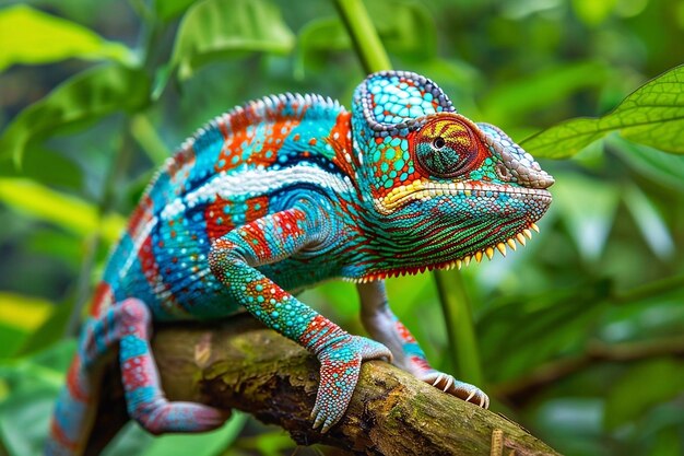 Un caméléon coloré sur une branche de la jungle