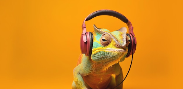 Caméléon coloré dans les écouteurs écoute de la musique sur un fond jaune Espace de copie de la bannière