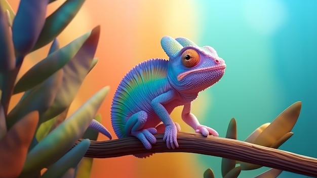 Un caméléon coloré est assis sur une branche dans une jungle tropicale.