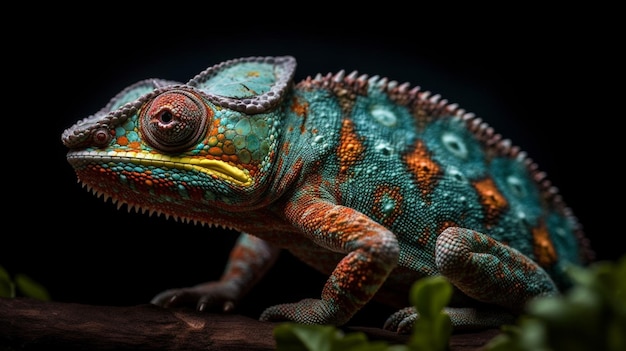 Un caméléon coloré est assis sur une branche devant un fond noir.