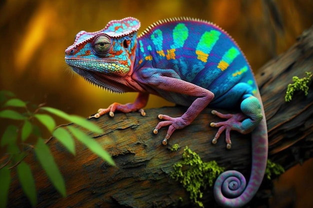 Un caméléon coloré est assis sur une branche.