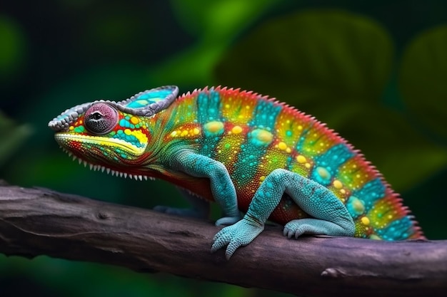 Un caméléon coloré est assis sur une branche.