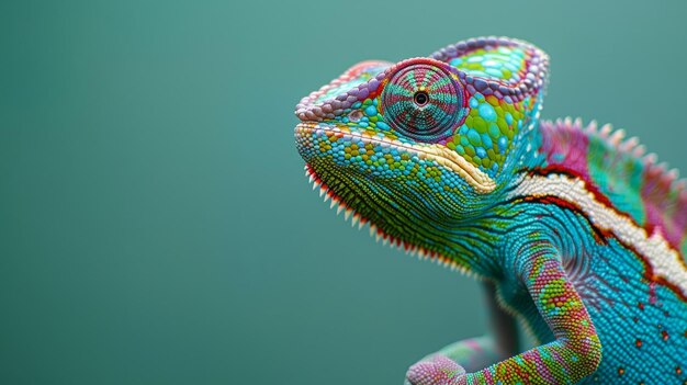 Photo un caméléon coloré sur un fond vert propre