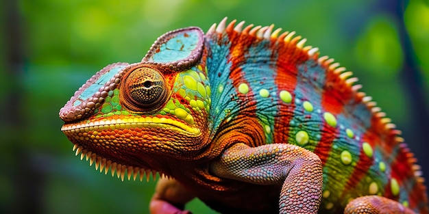 Un caméléon coloré en gros plan avec une haute crête sur la tête AI générative