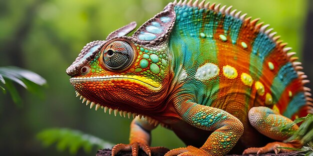 Photo un caméléon coloré en gros plan avec une haute crête sur la tête ai générative