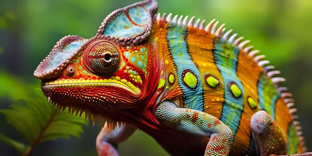 Photo un caméléon coloré en gros plan avec une haute crête sur la tête ia générative