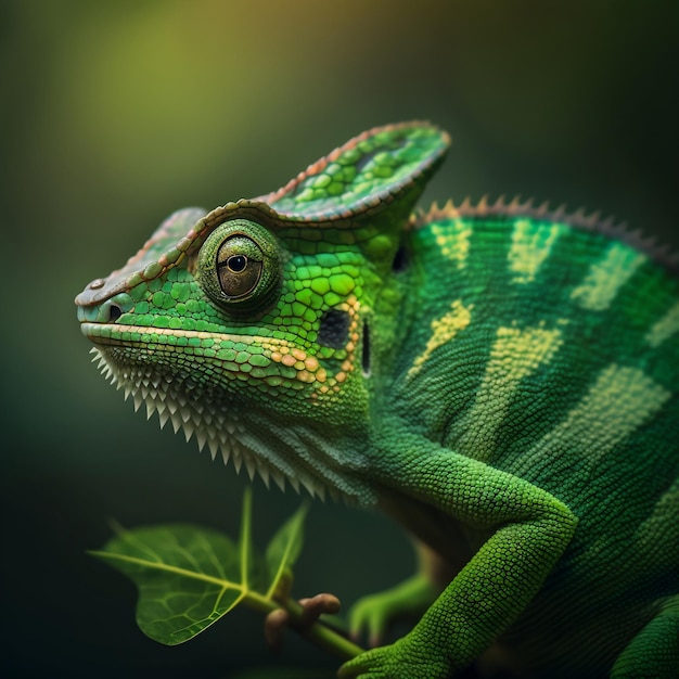 Caméléon de couleur verte assis sur la branche se bouchent sur fond flou AI générative