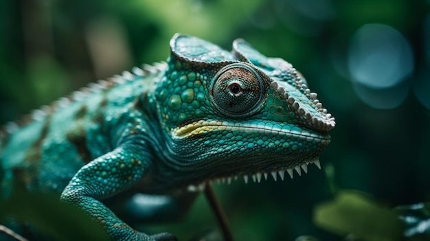 Caméléon de couleur verte bouchent IA générative