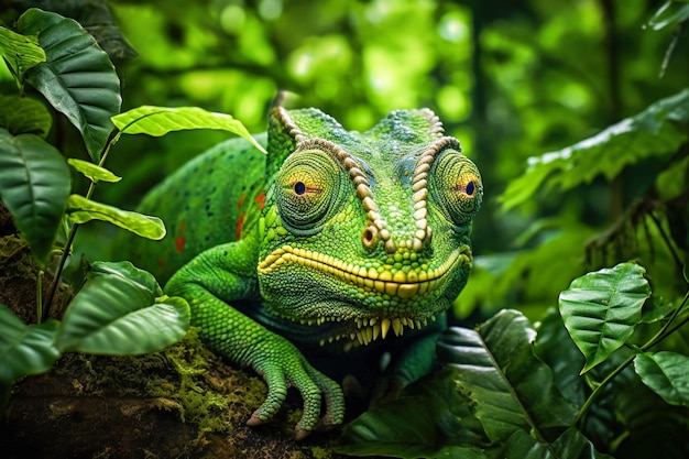 Un caméléon de couleur verte dans son habitat naturel