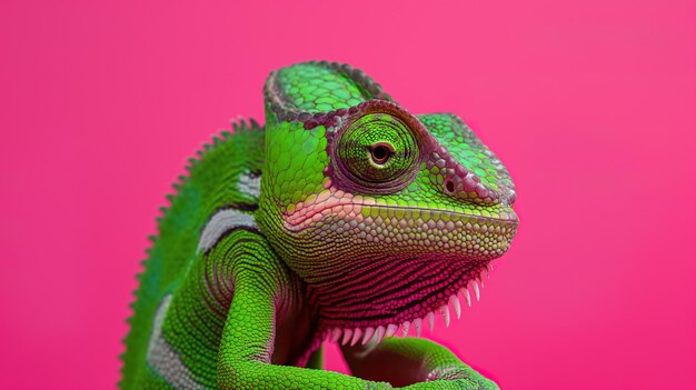 Photo un caméléon drôle dans une robe verte et un foulard rose