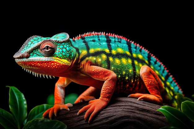 Caméléon du Yémen vibrant camouflé dans une végétation luxuriante Reptile majestueux sur fond noir