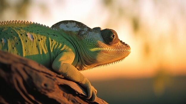 Un caméléon est assis sur une branche au coucher du soleil