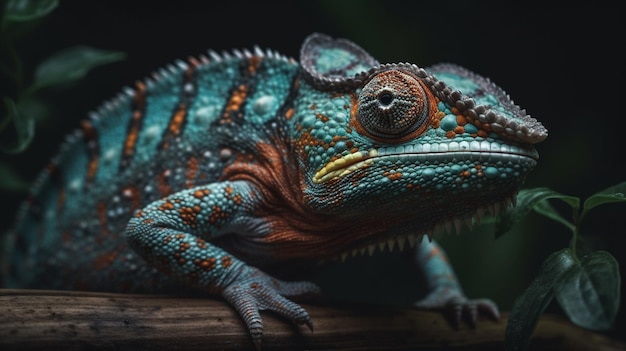 Un caméléon est assis sur une branche dans une pièce sombre.