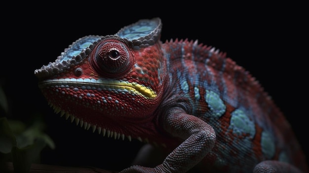 Un caméléon est assis sur une table devant un fond noir.