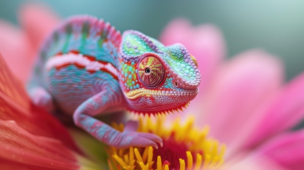 Le caméléon sur la fleur Beau gros plan extrême