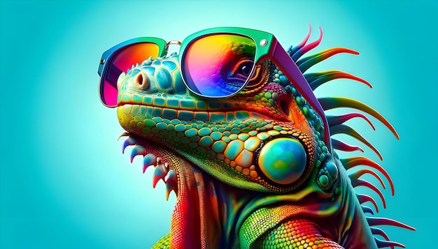 Un caméléon avec des lunettes de soleil, une œuvre d'art numérique