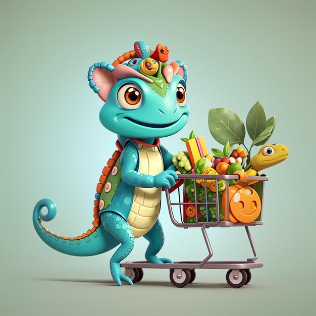 Photo un caméléon mignon apporte de l'épicerie avec un chariot d'images animées d'icônes vectoriels illustration de nourriture animale isolée