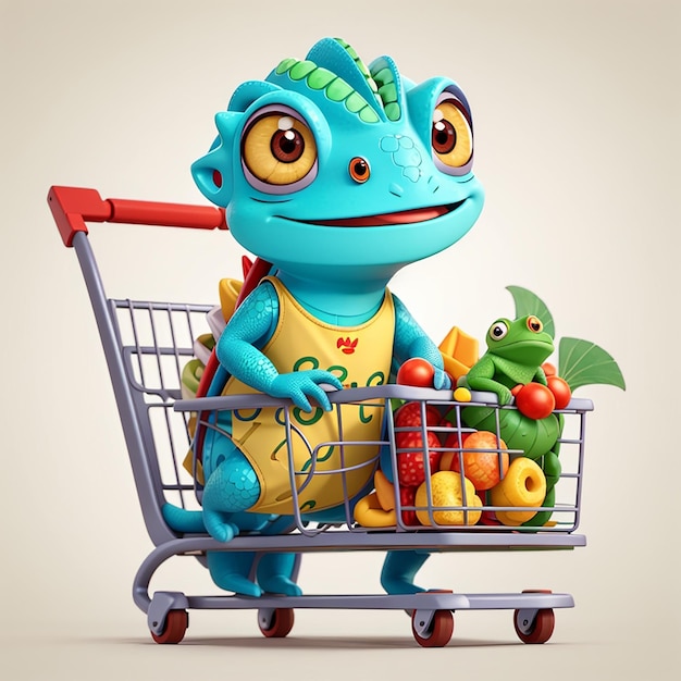 Photo un caméléon mignon apporte de l'épicerie avec un chariot d'images animées d'icônes vectoriels illustration de nourriture animale isolée