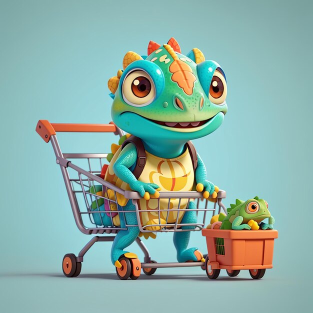 Photo un caméléon mignon apporte de l'épicerie avec un chariot d'images animées d'icônes vectoriels illustration de nourriture animale isolée