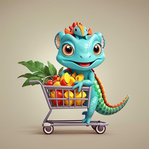 Photo un caméléon mignon apporte de l'épicerie avec un chariot d'images animées d'icônes vectoriels illustration de nourriture animale isolée