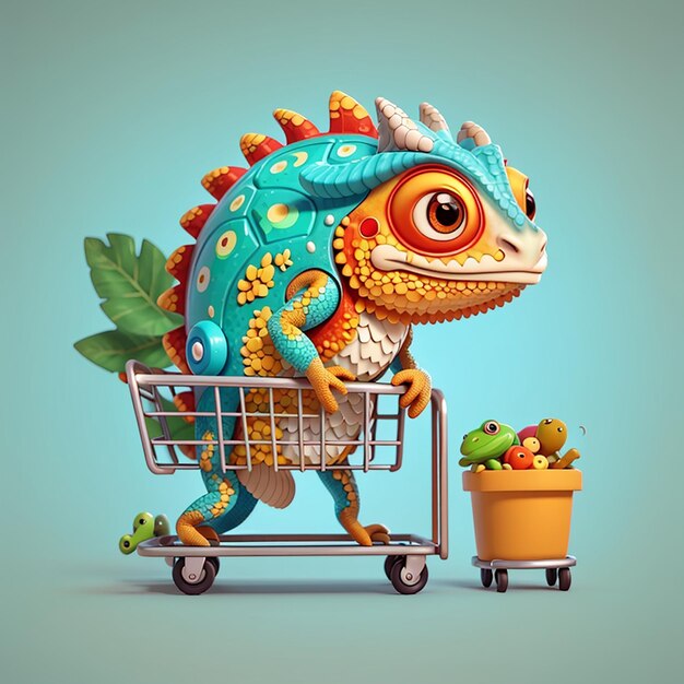 Photo un caméléon mignon apporte de l'épicerie avec un chariot d'images animées d'icônes vectoriels illustration de nourriture animale isolée