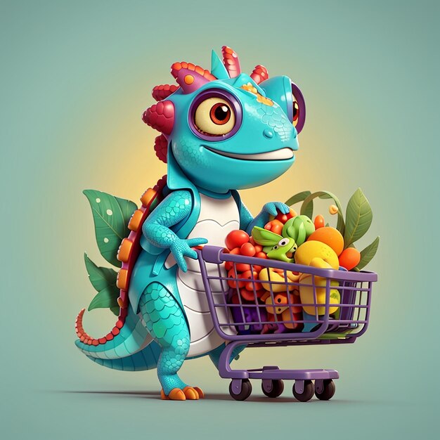 Photo un caméléon mignon apporte de l'épicerie avec un chariot d'images animées d'icônes vectoriels illustration de nourriture animale isolée