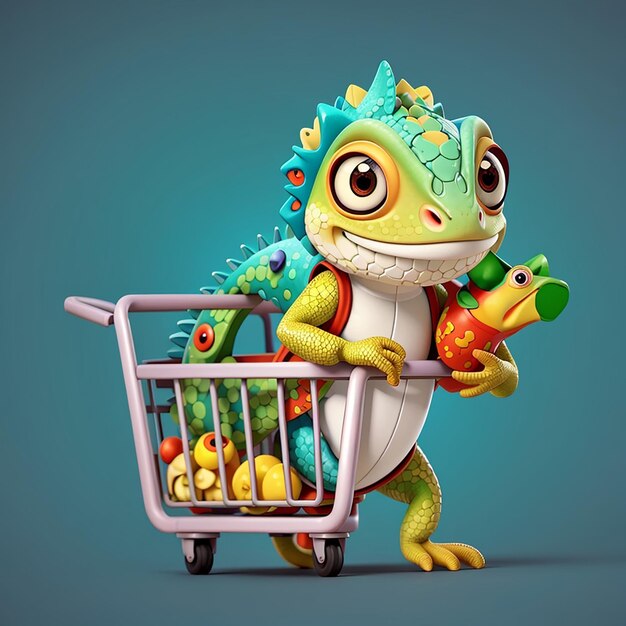 Photo un caméléon mignon apporte de l'épicerie avec un chariot d'images animées d'icônes vectoriels illustration de nourriture animale isolée