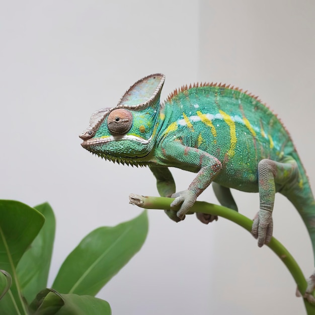 Un caméléon mignon sur une plante à la maison