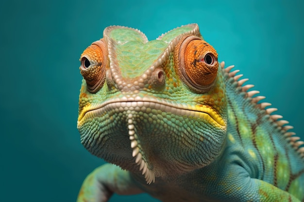 Un caméléon multicolore regardant la caméra.