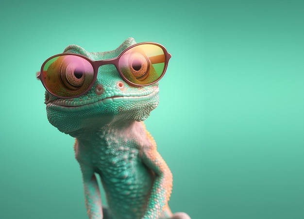 Un caméléon portant des lunettes de soleil et un fond vert.