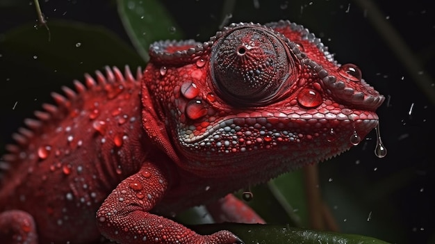 Un caméléon rouge avec une goutte d'eau sur la tête