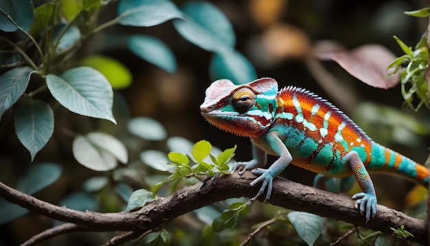 Un caméléon rouge à rayures avec un caméléon bleu perché sur une branche d'arbre