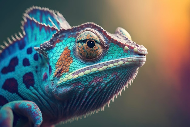 Un caméléon avec une tête verte et bleue et des yeux rouges