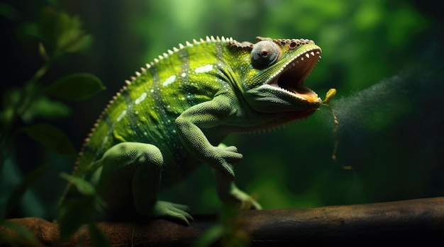 Le caméléon tire sa langue au moment d'attraper un insecte