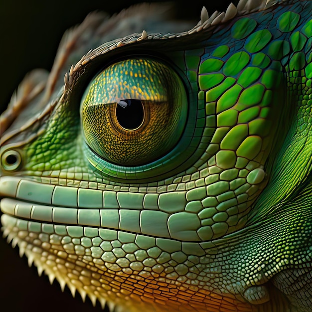 Caméléon vert aux yeux jaunes sur fond noir Reptile d'animaux exotiques de la faune Illustration en IA générative de haute qualité