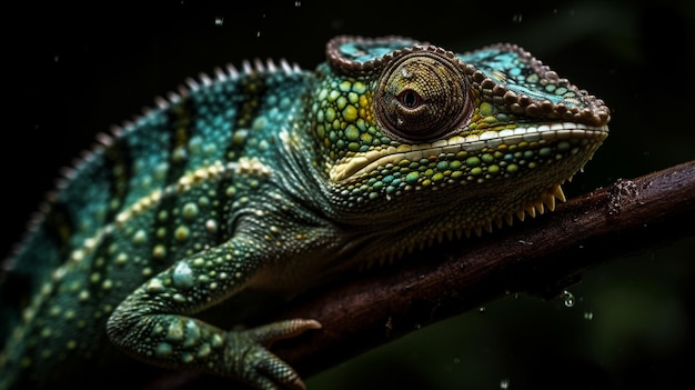 Un caméléon vert et bleu est assis sur une branche.