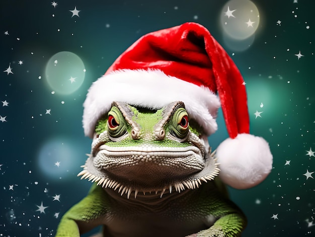 Un caméléon vert dans un chapeau de Père Noël rouge