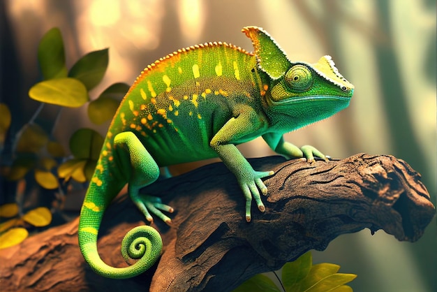 Un caméléon vert est assis sur une branche dans une forêt.