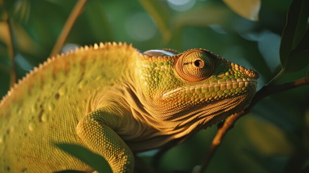 Un caméléon vert est assis dans un arbre le soir.