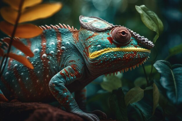 Un caméléon vert et orange est assis sur une branche dans une forêt.