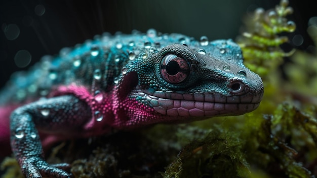 Un caméléon vert et rose sur fond vert