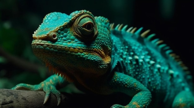 Un caméléon vert à tête bleue est assis sur une surface sombre.