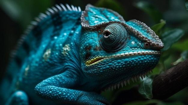 Un caméléon vert avec une tête verte et un œil rouge